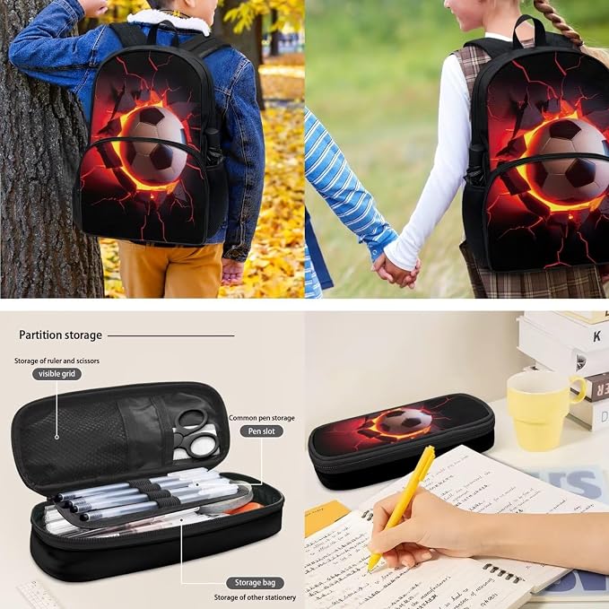 Custom Personalize Boys Backpack Football Backpack Fire Football Bookbag with Insulated Lunch Box Pencil Case Water Bottle Holder Bag 4 Pack Preschool Bookbag with Kids Name - Image 5