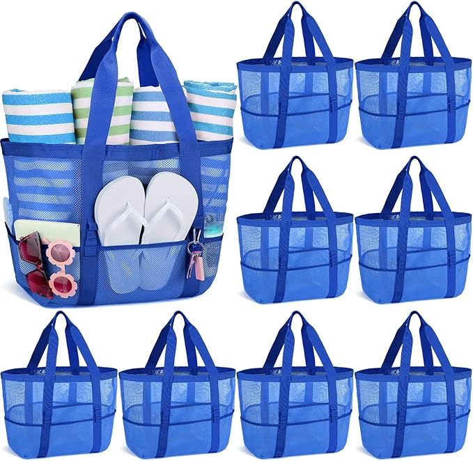 Hillban Large Beach Mesh Bags Bulk for Women Beach Tote Bag with 8 Pocket Zipper Waterproof Sandproof for Pool Cruise Ship by Hillban