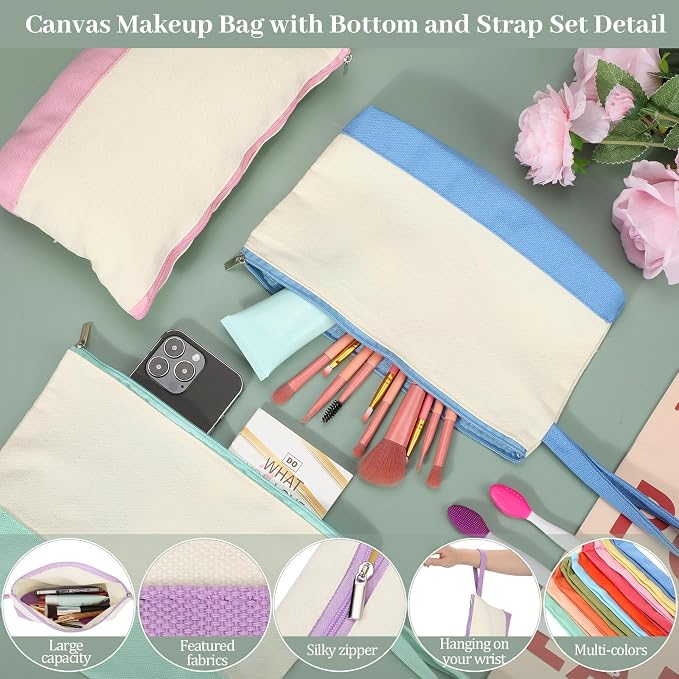 Silkfly 48 Pcs Cotton Canvas Makeup Bags Cosmetic Zipper Bags 10.2 x 5.5 x 2'' Blank DIY Pouch Bulk Pencil Case with Bottom Travel Toiletry Pouch for Women Craft Decor Gift (12 Colors) - Image 3