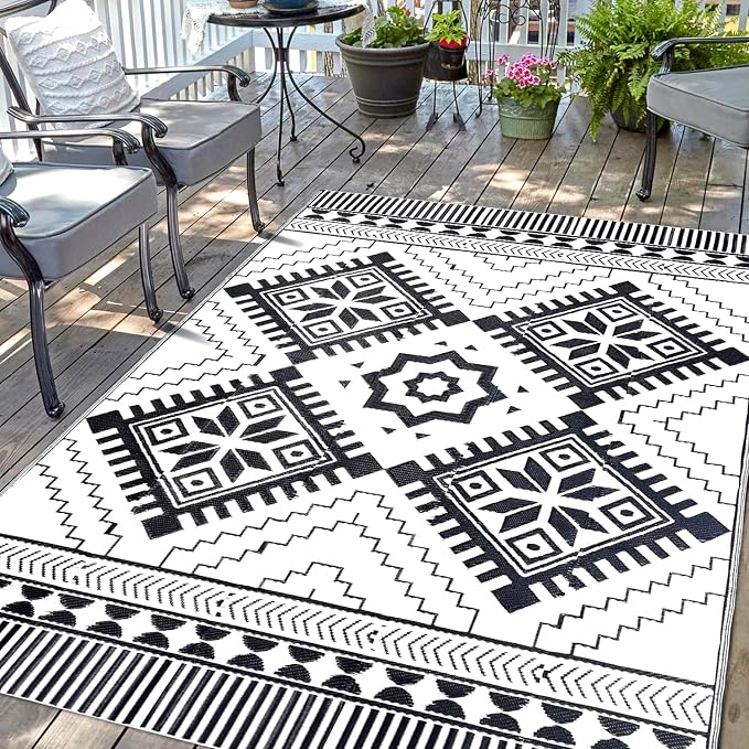 Waterproof Outdoor Rug 5x8ft, Boho Reversible Plastic Straw Mat for Patio RV Deck Porch Backyard Balcony Camping Picnic Beach Indoor Outdoor Carpet, Black&White by DiiKoo