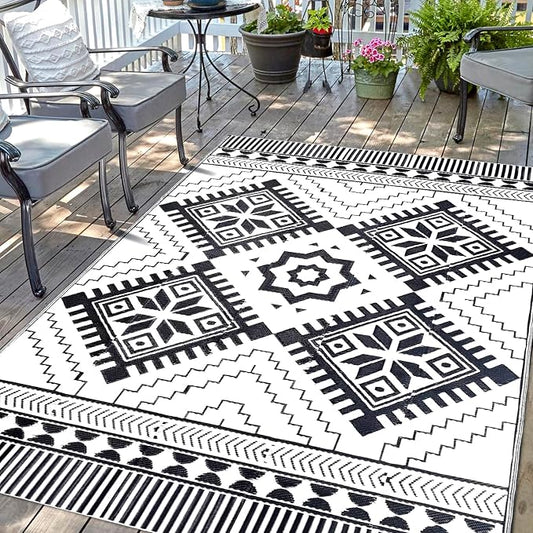 Waterproof Outdoor Rug 5x8ft, Boho Reversible Plastic Straw Mat for Patio RV Deck Porch Backyard Balcony Camping Picnic Beach Indoor Outdoor Carpet, Black&White by DiiKoo