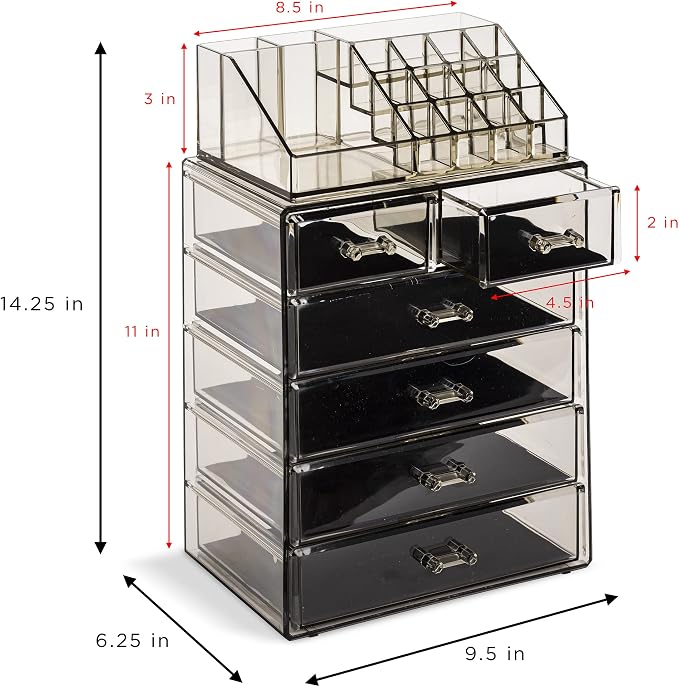 Sorbus Acrylic Makeup Organizer Set, 6-Drawer Vanity & Countertop Cosmetic Storage with Small & Wide Compartments, Black-Tint Makeup Storage for Brushes, Jewelry – Holiday Gift for Women & Teens - Image 3