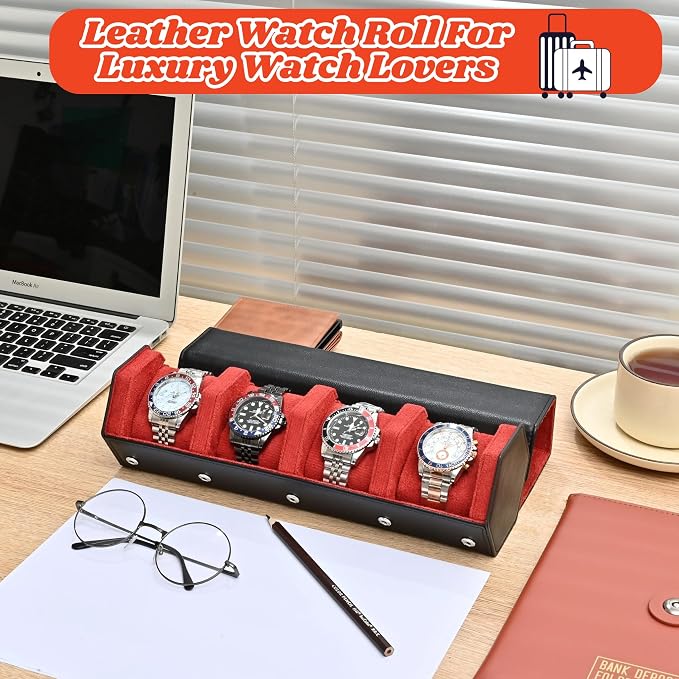 4-Slot Leather Watch Roll Travel Case with Velvet Interior,Black Red | Multiple Watch Capacity,Premium Hexagon Leather,Velvet M-Shaped Cushions,Secure Snap Closure,Storage Organizer - Image 2