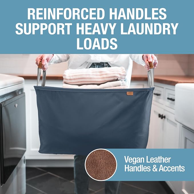 CleverMade Collapsible Laundry Basket LUXE 2 Pack – 60 L (16 Gal) Foldable Cotton Blend Clothes Hamper with Vegan Leather Accents, Reinforced Handles, Space Saving Laundry Bin Holds 55 lbs - Navy - Image 4