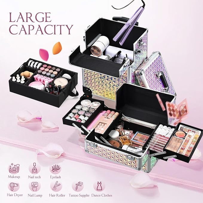 Rolling Makeup Train Case, 3-in-1 Makeup Trolley, Cosmetology Case on Wheels, Travel Makeup Organizer Case for Salon Barber Cosmetology Students, Nail Technicians, Hairstylists, and MUAs, Shiny Pink - Image 3