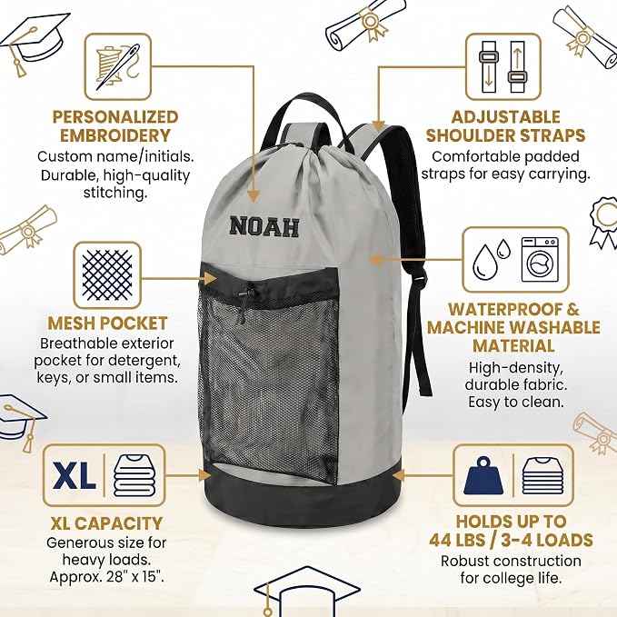 Personalized Laundry Bag Heavy Duty Custom Senior University XL Bag Backpack with Hanging Shoulder Strap & Mesh Pocket - Back to School College Graduation Gift - Choose Your Font & Thread Color - Image 3
