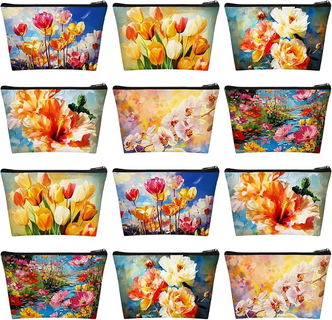 Sweetude 12 Pcs Oil Painting Flowers Makeup Bag Bulk Portable Flower Travel Cosmetic Bags with Zipper Retro Floral Waterproof Roomy Travel Toiletry Organizer Storage Beauty Pouch for Women Gifts by Sweetude