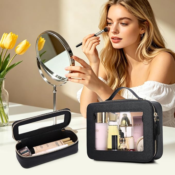 Travel Makeup Bag, Black, L+Slim | With Brush Case, Transparent, Waterproof, Zipper Closure - Image 2