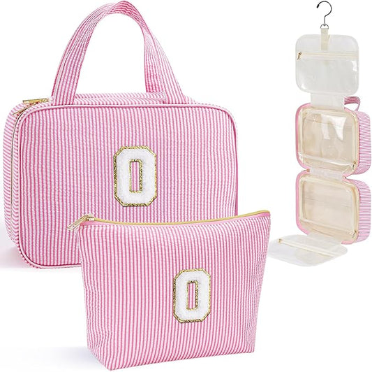 YOOLIFE Travel Toiletry Bag for Women - Hanging Toiletry Bag Makeup Bag, Portable Toiletries Cosmetic Bag, Airplane Travel Essentials - Letter O, Pink