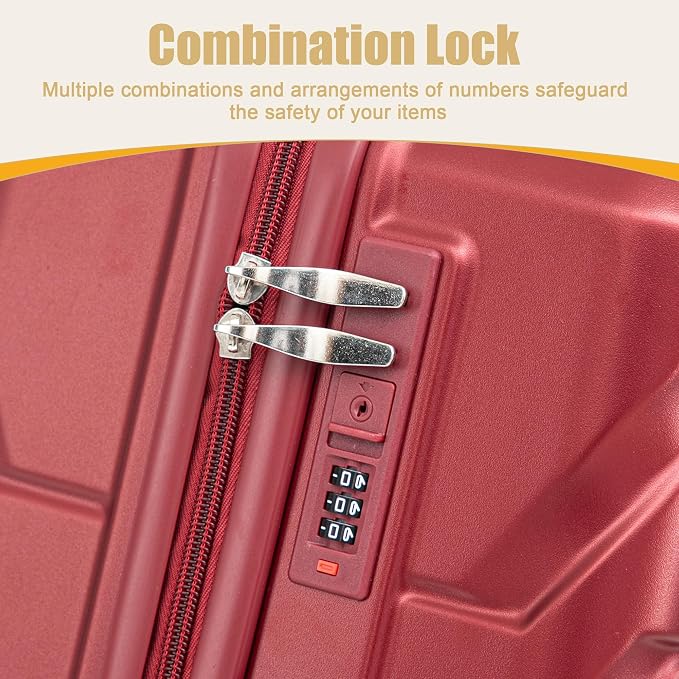 GDFStudio 28" ABS Hardshell Checked Luggage, Large Capacity Travel Suitcase with Scratch Resistant Surface, 360° Silent Spinner Wheels, Combination Lock, Telescopic Handle and Side Hooks, Wine Red - Image 7