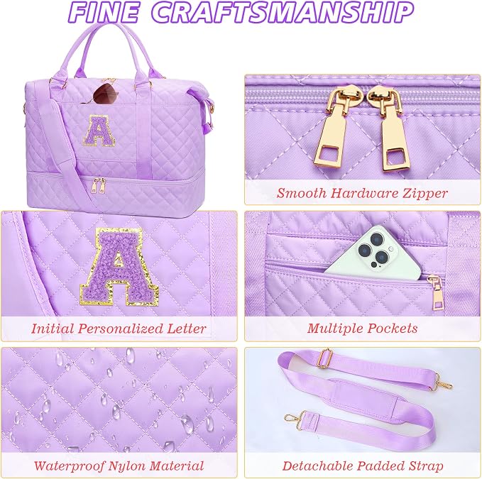 Gifts for Teen Girl Initial Travel Duffle Bag Quilted Weekender Bags Carry-On Overnight with Cosmetic Bag, Gym Bag with Shoe Compartment Hospital Bag for Women Labor Delivery, Purple-A - Image 6
