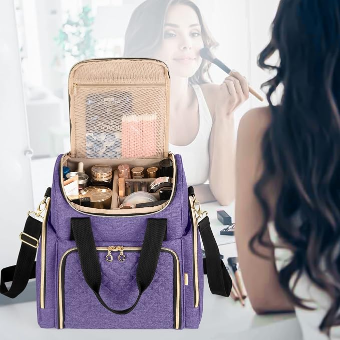 LUXJA Travel Makeup Bag with 2 Removable Makeup Cases, Purple | Large Cosmetic Bag with Multiple Storage Sections, 3 Detachable Dividers, Detachable Shoulder Strap, Trolley Sleeve - Image 8