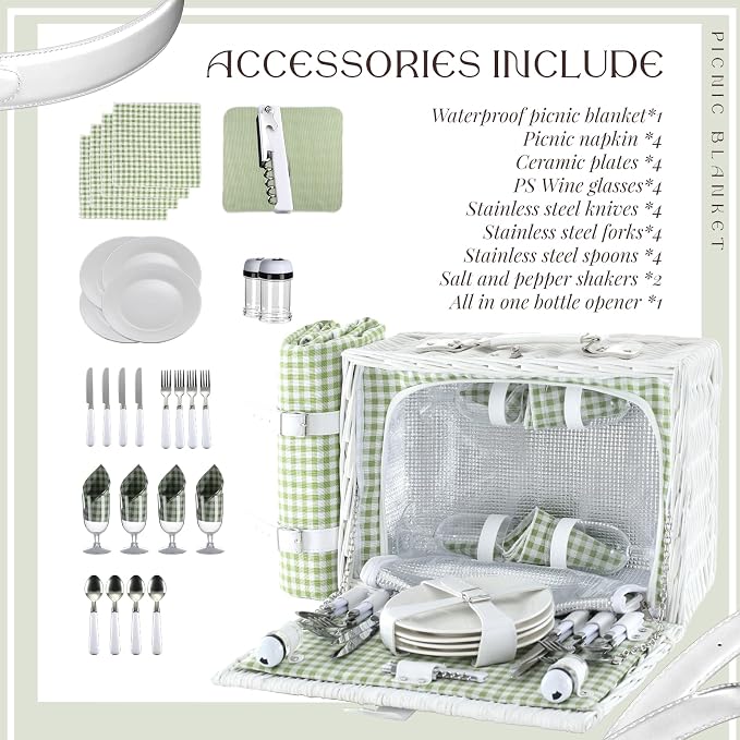 Picnic Basket Set for 4 with Waterproof Blanket Mat Insulation Bag Wicker White Green Plaid Classic Fresh Gift for Christmas Thanksgiving Wedding Birthday Camp Outdoor Beach Travel - Image 4