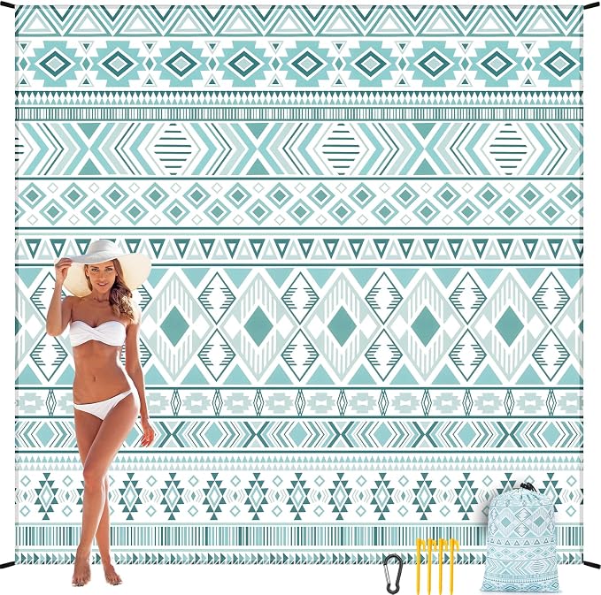 WIWIGO Beach Blanket Sandproof Extra Large Beach Mat Adults Waterproof Quick Drying Sand Free Mat Made by Premium Polyester with 4 Stakes & 4 Corner Pockets for Outdoor Travel Camping Hiking by WIWIGO