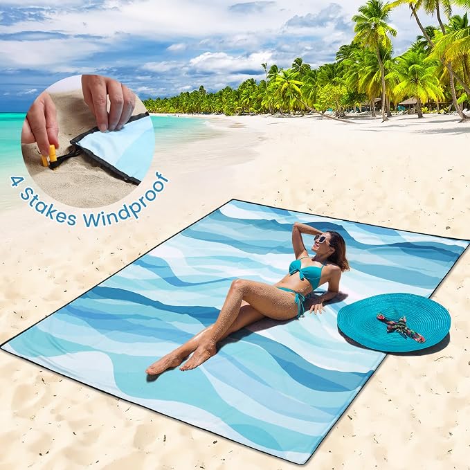 HIHOHO Beach Blanket Waterproof Sandproof Beach Mat for 1-8 Adults Quick Drying Durable Outdoor Picnic Mat for Beach Festival Travel Camping Hiking (Ocean Wave-Multi Blue, 79"×83"(4 Person)) - Image 3