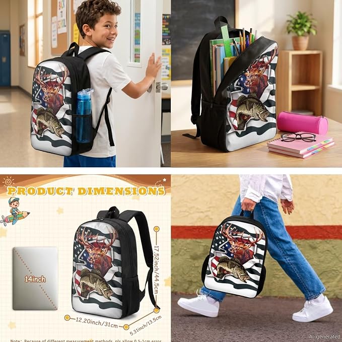 GIFTPUZZ 4-in-1 Camo Fish American Flag Kids Backpack Set | Patriotic School Bookbag with Lunch Box for Elementary Boys, Zippered Pencil Case, Water Bottle Holder, Ages 6-8 - Image 2
