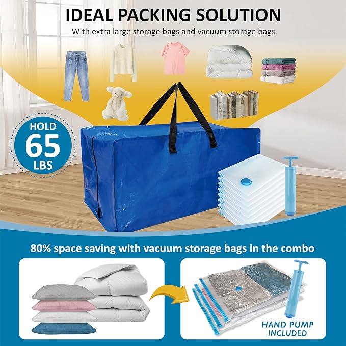 16 Pack Heavy Duty Extra Large Moving Bags with Backpack Straps & Large Vacuum Storage Bags Moving Supply Combo, Moving Totes with Handles & Zippers for Space Saving, Fold Flat, Includes Vacuum Bags - Image 3