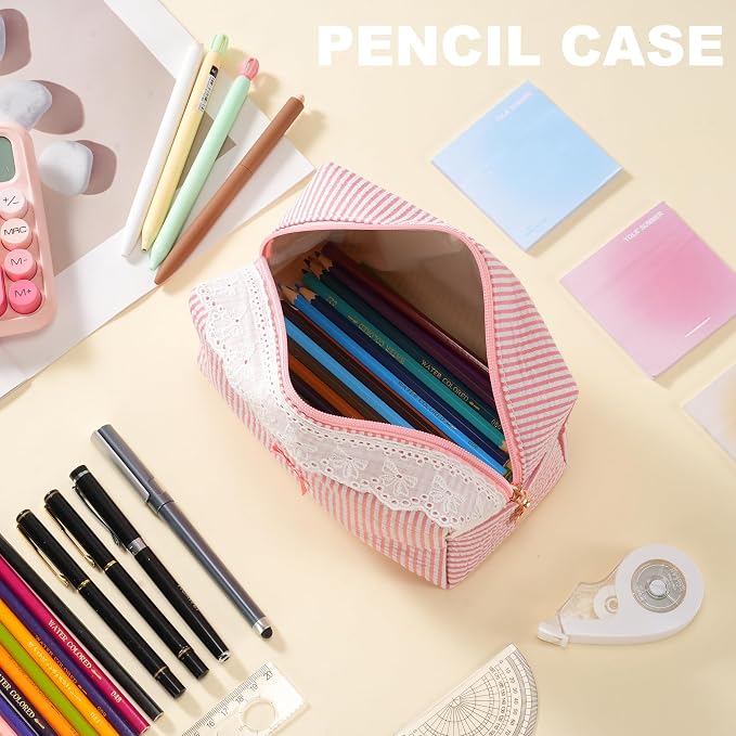 Makeup Bag Travel Toiletry Bag for Women, Small Cosmetic Bags with Lace Trim Cute Blush Stripe Aesthetic Organizer Makeup Pouch for Purse Emergency Bag Pencil Case Accessory Bag - Image 6