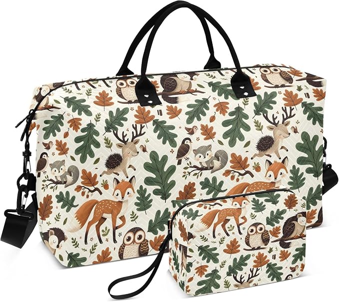 Weekender Bags Travel Duffel Gym Bag Animals Fox Deer Woodland Forest Hedgehog Carry on Overnight Tote Bag with Toiletry Bag for Airplane Travel Trip Gym Yoga by senya