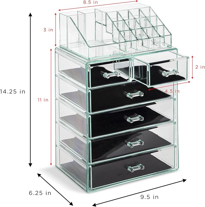Sorbus Acrylic Makeup Organizer Set, 6-Drawer Vanity & Countertop Cosmetic Storage with Small & Wide Compartments, Teal Thrill Makeup Storage for Brushes, Jewelry – Holiday Gift for Women & Teens - Image 3