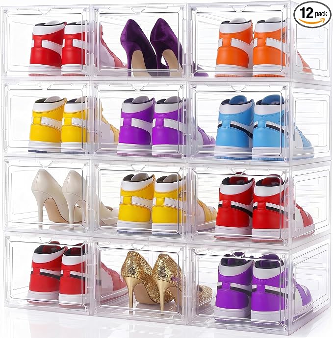 Large Clear Shoe Storage Boxes Stackable, 12 Pack Hard Plastic Shoe Storage Organizer with Magnetic Door, Shoe Container Sneaker Storage Display Case Fit up to US Size 12 Clear by YukuiLLc