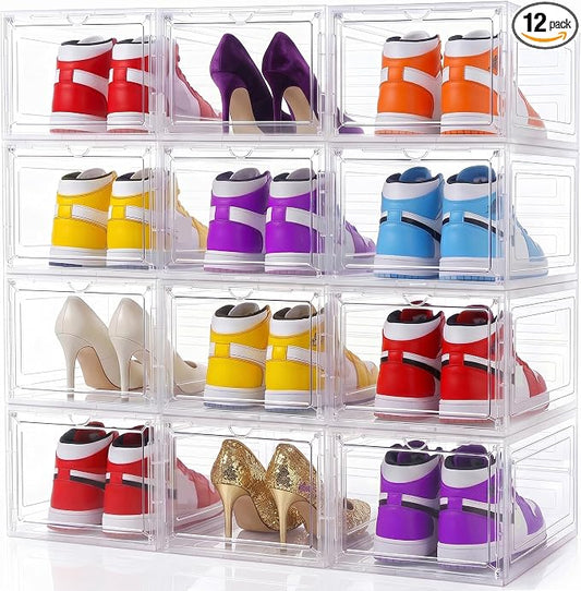 Large Clear Shoe Storage Boxes Stackable, 12 Pack Hard Plastic Shoe Storage Organizer with Magnetic Door, Shoe Container Sneaker Storage Display Case Fit up to US Size 12 Clear by YukuiLLc
