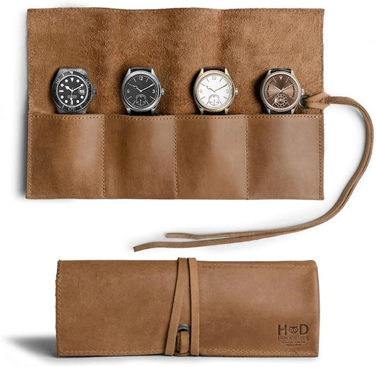 Hide & Drink, Leather Watch Roll Organizer Handmade from Full Grain Leather, Holds Up to 4 Watches, Easy Carry On Watchlover Storage (Single Malt Mahogany) by HideDrink