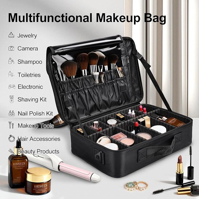 Professional Makeup Train Case with Brush Holder, Large Makeup Travel Bag Organizer, Portable Cosmetic Carry Case 3 Layer Makeup Artist Storage Box with Adjustable Dividers and Shoulder Strap, Black - Image 6