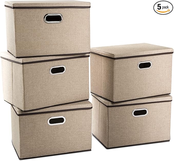 PRANDOM Large Collapsible Storage Baskets with Lids [5-Pack] Jute Fabric Foldable Storage Bins Boxes Organizer Containers Cube with Cover for Home Bedroom Closet Office Nursery (17.7x11.8x11.8) by Prandom