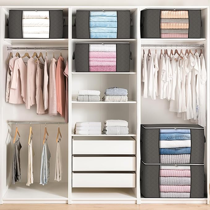 90L Large Storage Bags, 6 Pack Clothes Storage Bins Foldable Closet Organizers Storage Containers with Reinforced Handle for Clothing, Blanket, Comforters, Bed Sheets, Pillows and Toys (Gray) | Foldable Storage Containers, with Reinforced Handle, for C... - Image 5