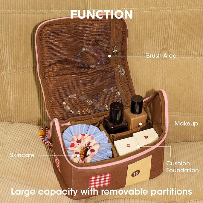 Tagi. Signal House Large Capacity Travel Makeup Bag, Waterproof PVC Cosmetic Bag for Women, Wide-Open Flat Pouch for Brushes & Skincare, Portable Organizer with Handle & Dividers - Image 4