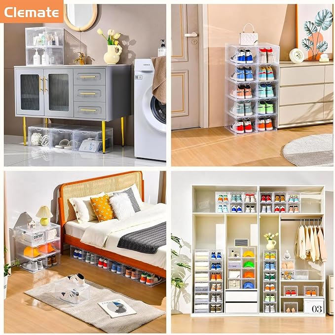Clemate Upgraded X-Large Shoe Organizer,Shoe Storage Organizer,12 Pack,Shoe Box Clear Plastic Stackable,Drop Front Shoe Box with Clear Door, Shoe Containers For Sneaker Display,Fit up to US Size12 - Image 7