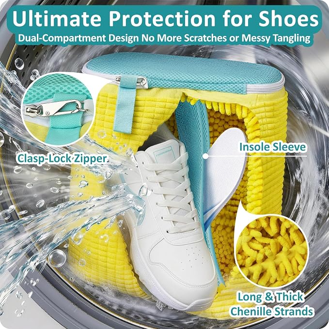 Dual Compartment Shoe Washing Machine Bag, Heavy-Duty Sneaker Laundry Bags with Clasp-Lock Zipper, Thick Chenille & Reinforced Seams for Maximum Protection, Yellow/Blue, 2-Pack - Image 2