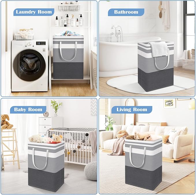 BlissTotes 3-Pack Laundry Basket, Freestanding＆Waterproof Laundry Hamper, Collapsible Tall Clothes Hamper with Easy Carry Handles for Clothes, Towels in the Family and Dorm,Gradient Grey,75L - Image 6