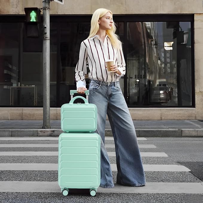 Gradient Color Suitcase 2-Piece Set, 20" Rotating Wheel Suitcase with 14" Cosmetic Case, Lightweight Durable Hardshell Luggage with 360° Spinner Wheels for Travel, Women & Girls (Mint Green) - Image 8