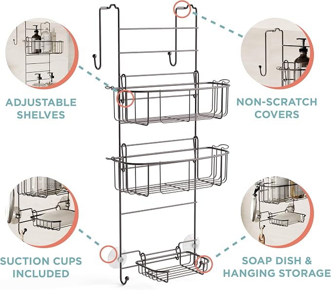 Zenna Home Shower Caddy Hanging Over the Shower Door Organizer, Stainless Steel Rack with 2 Shelves and Built in Hooks, Bathroom Organizer Shelf for Inside Shower, Heritage Bronze - Image 3