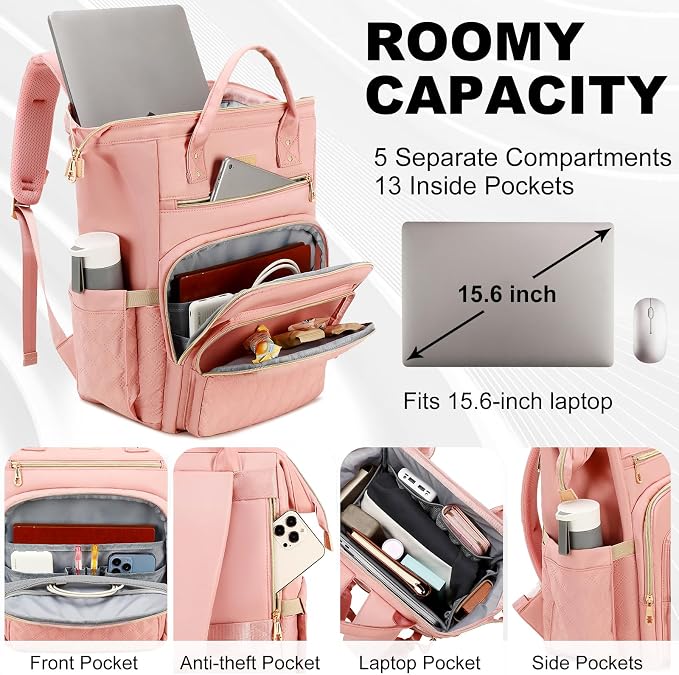 AIJIEKE Lunch Backpack for Women, 15.6 Laptop Backpack, Lunch Box, Pink | Water resistant computer bag with insulated leakproof cooler. Travel meal prep backpack for nurse, teacher, college commute - Image 2