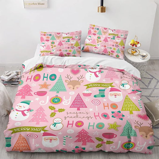 Pink Christmas Duvet Cover Queen Size Set - Teen Girls Christmas Bedding Bedroom Decor, Comforter Cover & 2 Pillowcases 3 Pieces - Cartoon Santa Theme, New Year, Lovely Home Collection Quilt Cover by QEODAH