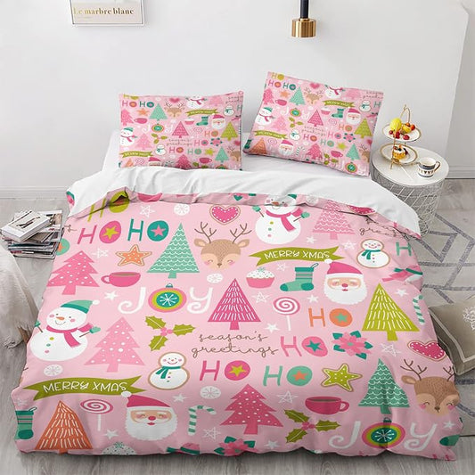 Pink Christmas Duvet Cover King Size Set - Cute Christmas Bedding Bedroom Decor, Comforter Cover & 2 Pillowcases 3 Pieces - Cartoon Santa Theme, New Year, Lovely Home Collection Quilt Cover by QEODAH