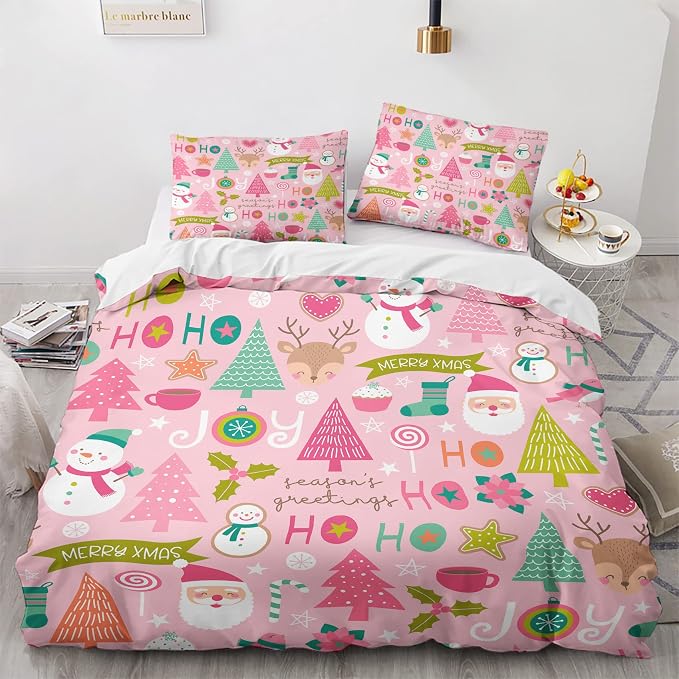 Pink Christmas Duvet Cover Twin Size Set - Kids Girls Christmas Bedding Bedroom Decor, Comforter Cover & 1 Pillowcase 2 Pieces - Cartoon Santa Theme, New Year, Lovely Home Collection Quilt Cover by QEODAH