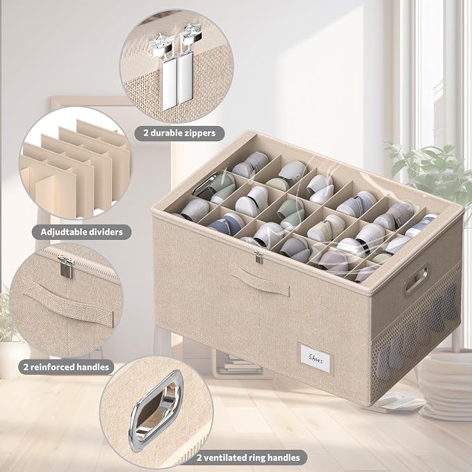 2 Pack Shoe Organizer for Closet Large Shoe Box Storage Containers with Clear Window Space Saving Shoe Bin with Foldable Bottom Support Adjustable Dividers Fits 36 Pairs (Beige, (24.4*16.5*13inch)x2) - Image 6