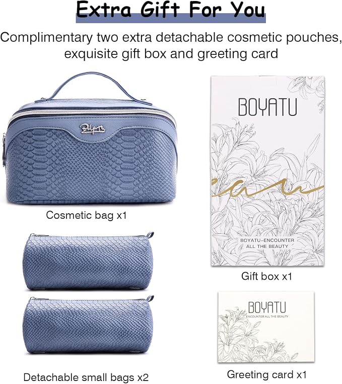 BOYATU Travel Makeup Bags for Women: 3 Pcs Set Wide Open Cosmetic Bag - Portable Make up Bags with Handle - Vegan Leather Toiletry Organizer Bag with Divider (G-05-Blue) - Image 6