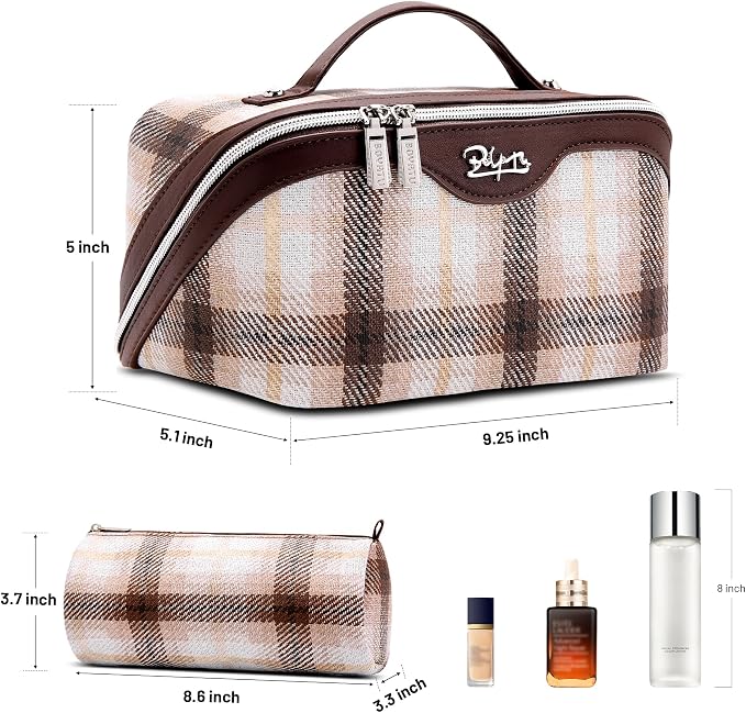 BOYATU Travel Makeup Bag for Women: Scottish Plaid 3 Pcs Set Cosmetic Organizer Bag - 180° Open Large Spacious Holds 50% More Cosmetics - Waterproof Leather Checkered Toiletry Bag (02-Coffee) - Image 2