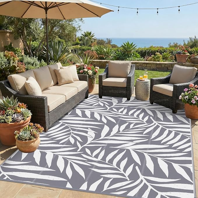 Smiry Outdoor Rug 8x10 ft, Waterproof Reversible Plastic Straw Rugs, Outdoor Area Rug with Leaf Pattern, Outside Floor Mat for Patio, Backyard, Deck, Picnic, Beach, Camping, Grey & White by Smiry