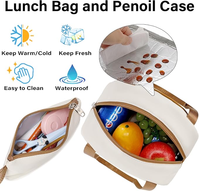 LXYGD Laptop Backpacks 16 Inch School Bag College Backpack 3 PCS with Lunch Box Pencil Pouch Set Large Travel Daypack Kawaii Bookbags for Teens Girls Women Students (Beige Khaki) - Image 3
