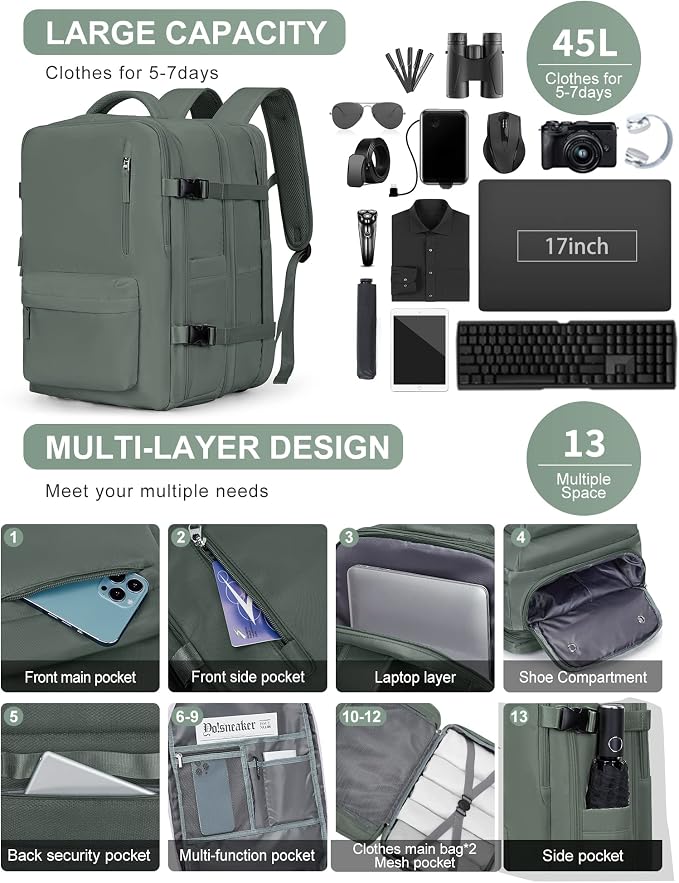 Large Travel Laptop Backpack, Expandable Flight Approved Backpack, Carry on Backpack for Women, Waterproof 17inch Laptop Hiking Backpack with Shoe Compartment, Dark Green - Image 8