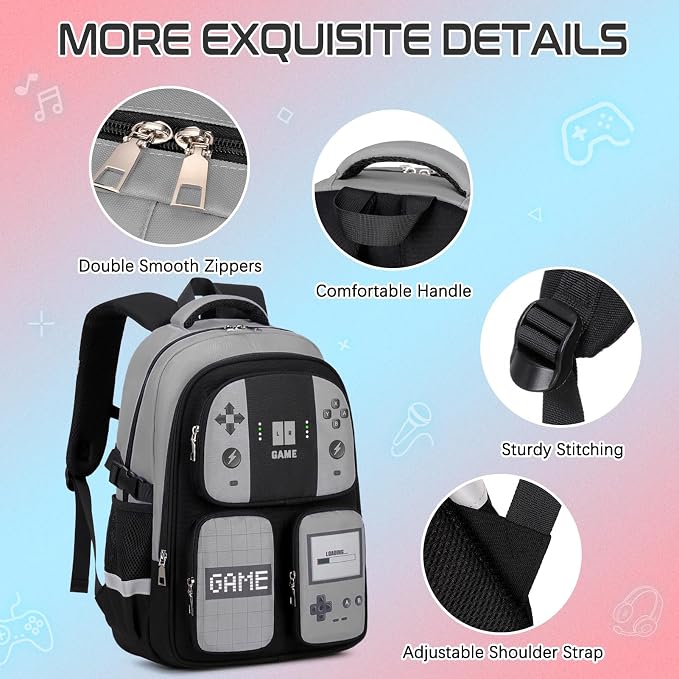 Jafeton Gamer Backpack for Boys, 3PCS Boys Backpack with Lunch Box & Pencil Pouch, Waterproof School Bags for Boy Kids Children Teens, Elementary Middle School, Kids Book Bag Casual Daypack (Gray) - Image 5