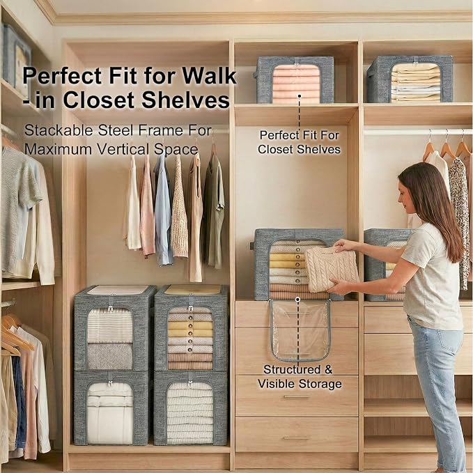 GoMaihe Clothes Storage Bins Metal Frame: 55L Extra Large Stackable Closet Storage Organizer with Lid & Clear Window, Heavy Duty Blanket Boxes for Winter Coats Comforters (Fits Deep Closet 4-Pack) - Image 7