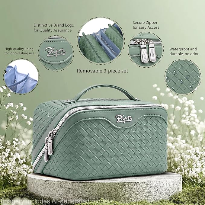 BOYATU Travel Makeup Bag Cosmetic Bags for Women: Large Capacity 3 Pcs Set Make up Bag with Compartments - Waterproof Vegan Leather Toiletry Organizer Bags with Handle (L10 Grass Green) - Image 2