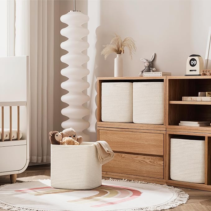 joybest 13x13x13 Inch Cube Storage Bins Set of 4, Cotton Rope Woven Organizer Basket for Shelves, Cube Bin Square Shelves Organizer Closet Storage, Nursery, Toy Organization, Beige - Image 2